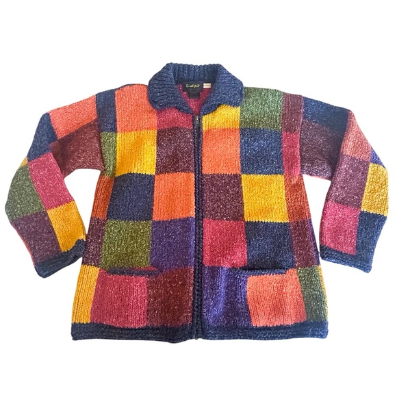 Invisible World Juneau Alaska Handknit Rainbow Patchwork Cotton Wool Zip Sweater - Picture 2 of 10